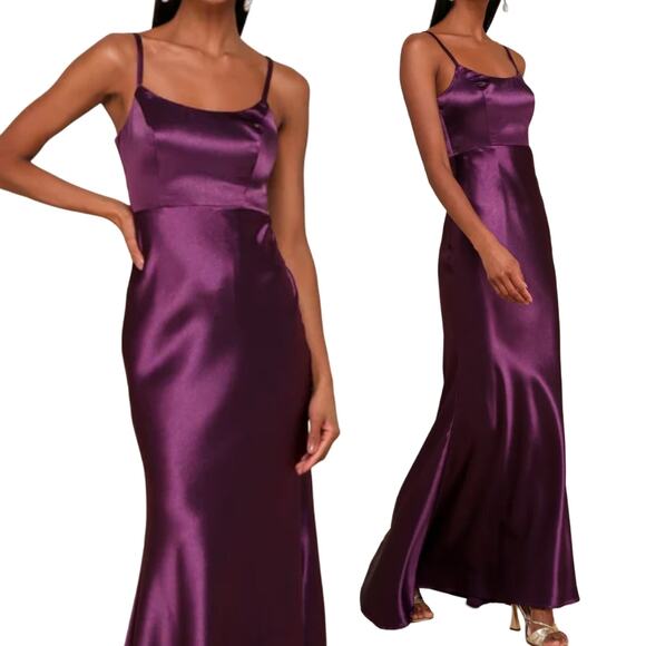 Lulus Make You Shine Satin Gown Mermaid Hem Maxi Dress Dark Purple NEW Womens M - Picture 2 of 8